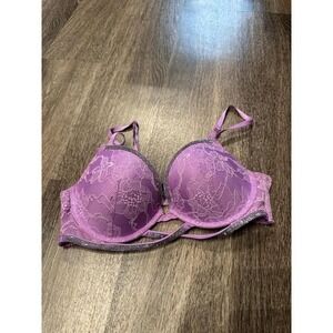 Victorias Secret Very Sexy Push Up Bra Purple Floral Lace Rhinestone Trim 34C